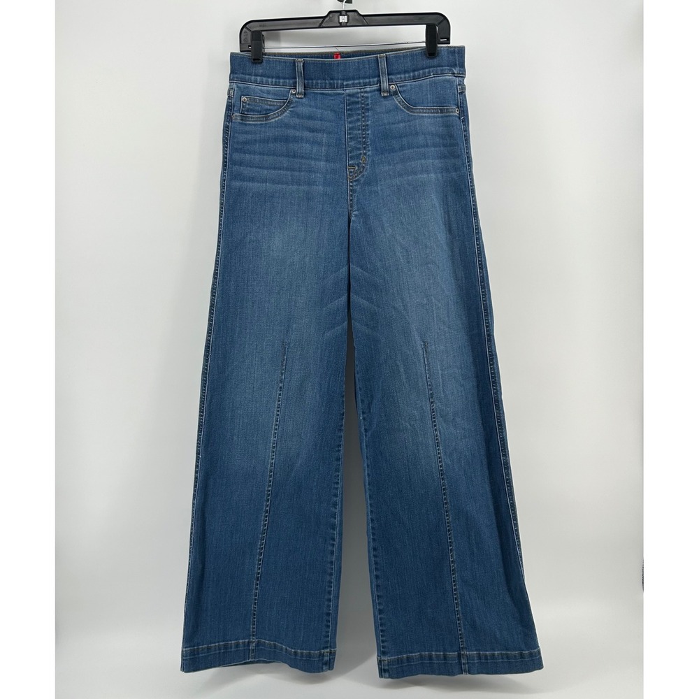 Spanx Wide Leg Pull On Jeans Womens Large Blue Vintage Indigo Wash Seamed Front